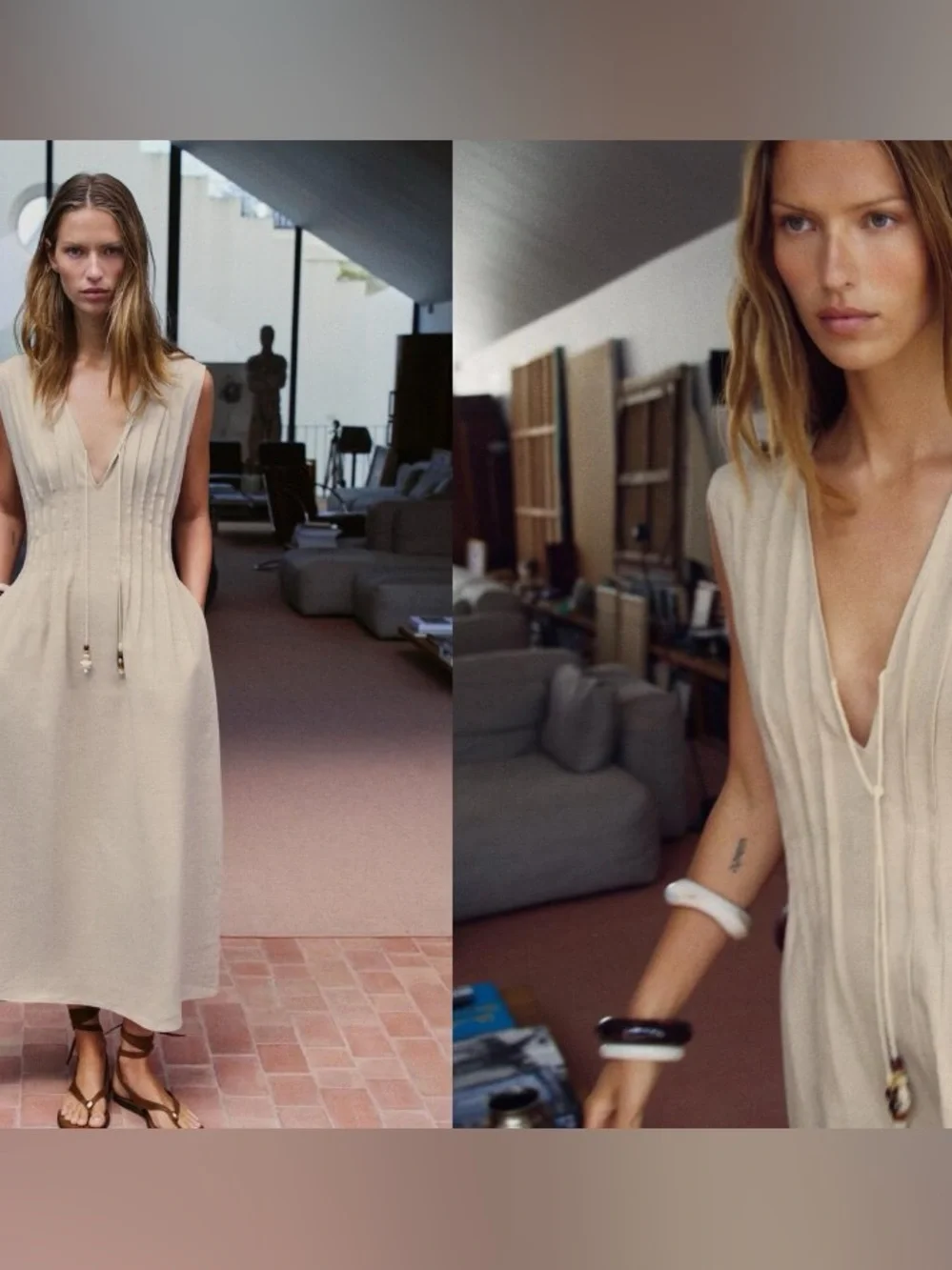 Zara light beige pleated linen midi dress